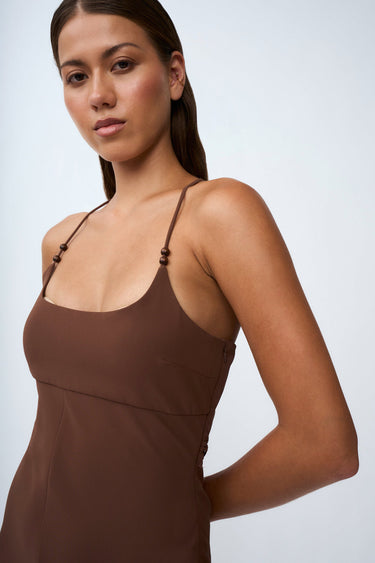 BY JOHNNY - HANA BIAS BEAD MIDI DRESS - CHOCOLATE BROWN - STUDIO JO STORE